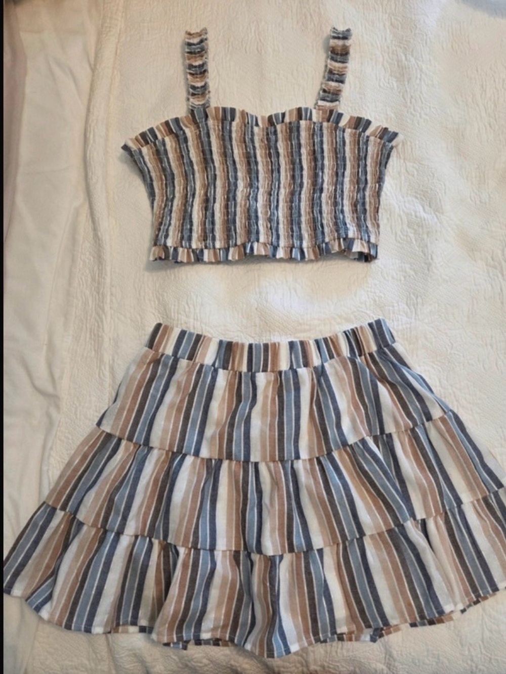 Altar'd State Blue, Tan & White Striped A-Line Skirt